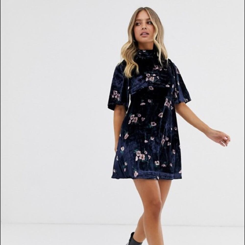 FREE PEOPLE Womens Be My Baby Navy Blue Velvet Mini Button Back Dress Size 2/XS - Picture 3 of 15